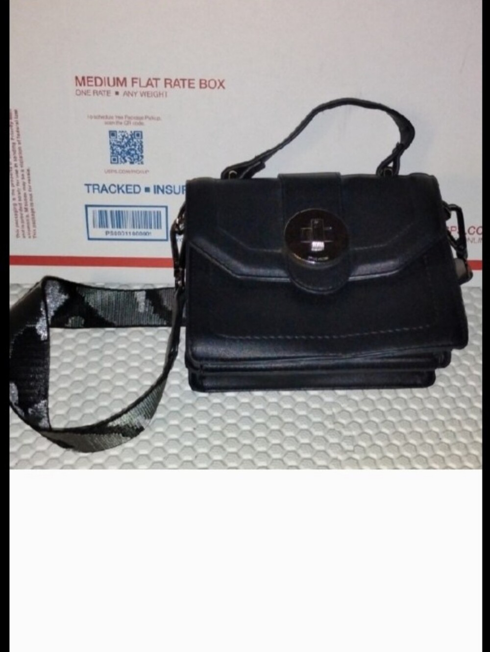 Steve Madden Black Crossbody Satchel with Patterned Strap